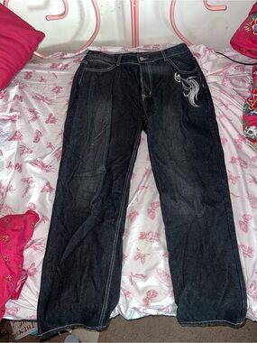 Black Women’s Straight-Leg Jeans with Embroidered Detail